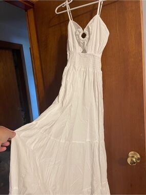 Women's White Spaghetti-Strap Maxi Dress with Smocked Waist and Keyhole